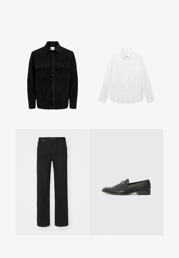 Svart kordflodjacka med knappar, två framfickor med klaff och klassisk krage, långa ärmar och ribbad textur.; Mango ANTARES - Skjorta - white; Svarta denim jeans med rak bendesign, med knappstängning, fem fickor och kopparfärgade detaljer.; Svart läderloafers med en slät yta, med en sydd design och en dekorativ metallkedjeaccent över västen. Platt häldesign.