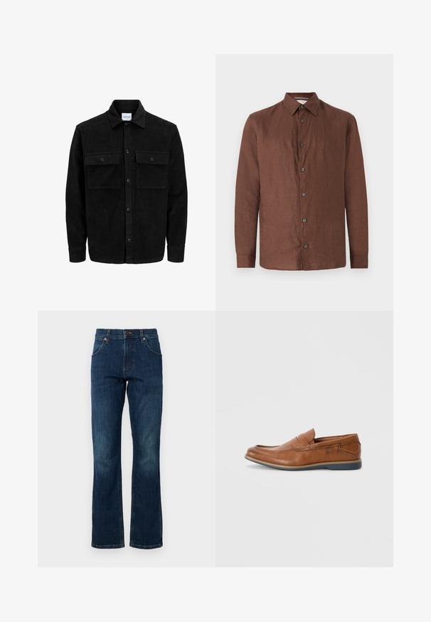 Black corduroy button-up jacket with two front flap pockets and a classic collar, long sleeves, and ribbed texture.; Brown linen long-sleeve shirt with a button-up front, spread collar, and black buttons. Smooth texture with a slightly wrinkled appearance.; Blue denim flared jeans feature a mid-rise waist, five pockets, and a subtle faded pattern on the legs. Closure has a metal button.; Brown leather loafers with a round toe, stitched accents, and a low rubber sole. The design features a band across the upper.