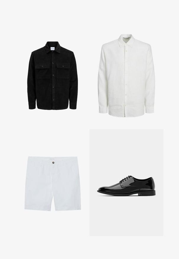 Juodas velveto mygtukų švarkas su dviem priekiniais kišenėmis su atvartais, klasikiniu apykakle, ilgomis rankovėmis ir raukšlėtu paviršiumi.; Balta ilga rankovė palaidinė, pagaminta iš lino, su mygtukais kantų priekyje, klasikine apykakle ir subtilia tekstūra. Rankovės baigiasi ties riešu su mygtukais.; Baltos medvilnės šortai su priekiniais mygtukais, dviem šoninėmis kišenėmis ir tiesiu kirpimu. Prekės ženklas "Pier One" ant juosmens.; Juodas lakinės odos suknelės bateliai su apvaliu priekiu, su raišteliais ir lygiu, blizgiu paviršiumi. Turi žemą guminį padas.