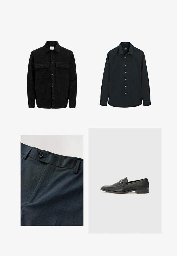 Zwarte corduroy knopenjack met twee voorste klepzakken en een klassieke kraag, lange mouwen en ribbelstructuur.; Zwarte overhemd met lange mouwen en knopen aan de voorkant, zeven knopen en manchetten, weergegeven op een witte achtergrond.; Navyblauwe broek van een gestructureerde stof, voorzien van een enkele knoopsluiting en een vlakke voorkant. Subtiel patroon voegt visuele interesse toe.; Zwarte leren instapper met een gladde afwerking, voorzien van een gestikt ontwerp en een decoratieve metalen kettingaccent over de wreef. Platte hak.