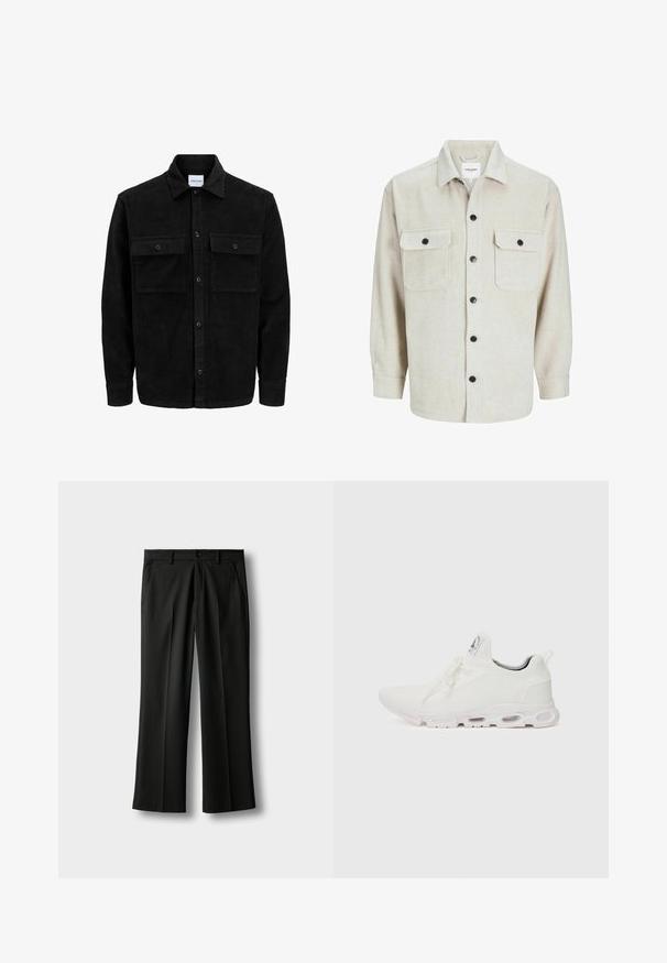 Chaqueta de pana negra con botones, dos bolsillos delanteros con solapa y un cuello clásico, mangas largas y textura acanalada.; Camisa de franela beige con cuello, que presenta dos bolsillos en el pecho, botones negros y mangas largas con puños abotonados.; Pantalones de vestir negros a medida con trabillas para cinturón, cierre frontal con botón y cremallera, bolsillos laterales y pliegues a lo largo de las piernas sobre un fondo claro.; Zapatillas deportivas blancas con un upper de punto texturizado, cordones planos y una suela acolchada con cámaras de aire visibles para mayor soporte.