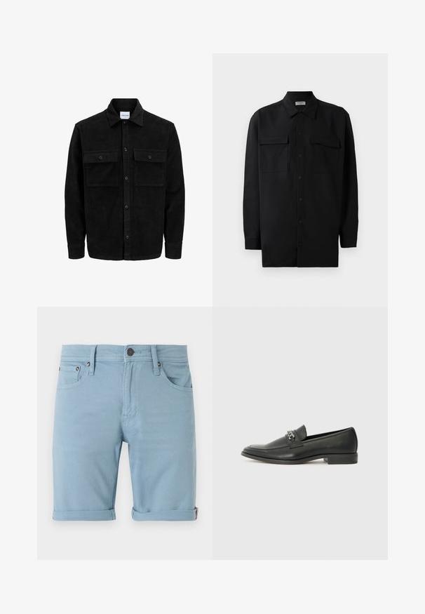 Jachetă din catifea neagră, cu butoni, două buzunare frontale cu clapetă și un guler clasic, mâneci lungi și textură ribbed.; Cămașă neagră cu nasturi, confecționată dintr-un material neted, având un guler clasic, două buzunare frontale și mâneci lungi cu manșete cu nasturi.; Șorturi din denim de un albastru deschis, cu un design clasic cu cinci buzunare, mansete rulate, detalii de cusătură pe față și spate, și un închizător întunecat.; Pantofii negri din piele cu un finisaj neted, având un design cusut și un accent decorativ de lanț metalic peste partea de sus. Toc plat.