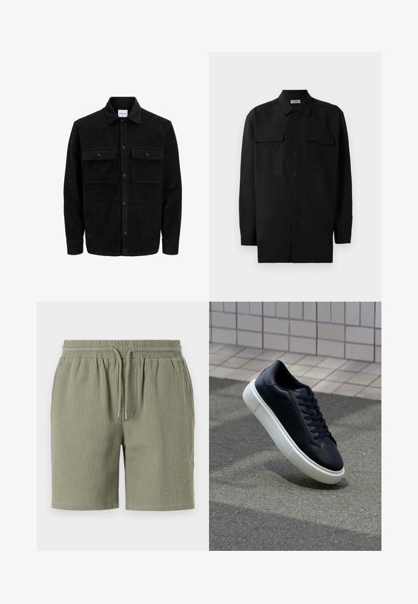Crni kožni kord jakna na dugmad s dva prednja džepa s preklopom i klasičnim ovratnikom, dugim rukavima i rebrastom teksturom.; Crna košulja s dugim rukavima od glatkog materijala, s klasičnom kragnom, dva prednja džepa i dugmadima na manžetama.; Šorts od maslinaste boje s teksturom vafla, elastičnom stražnjom trakom, vezicama i opuštenim krojem. Glatki rubovi na nogavicama.; Crne kožne tenisice s zaobljenim vrhom i bijelim gumiranim potplatom. Imaju ravne vezice i minimalno šivanje na gornjem dijelu. Teksturirani potplat za bolje prianjanje.