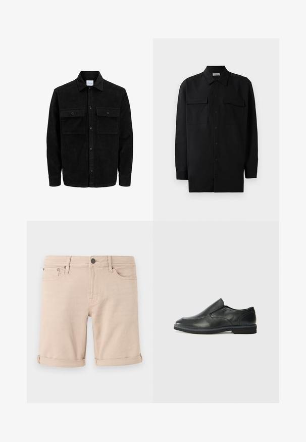 Crni kožni kord jakna na dugmad s dva prednja džepa s preklopom i klasičnim ovratnikom, dugim rukavima i rebrastom teksturom.; Crna košulja s dugim rukavima od glatkog materijala, s klasičnom kragnom, dva prednja džepa i dugmadima na manžetama.; Bež traperice kratke hlače ravnog kroja, s prevrnutim rubovima, dva prednja džepa i mali stražnji džep. Izrađene su od čvrstog materijala.; Crne kožne cipele na sklapanje s glatkom gornjom površinom, prošivenim detaljima, zaobljenim vrhom i niskim gumene potplate. Potplat ima minimalne uzorke.
