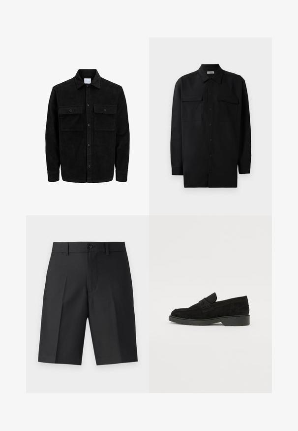 Melnas kordūru pogu jaka ar divām priekšējām atloka kabatām un klasisku apkakli, garām piedurknēm un ribotu tekstūru.; Melnā pogu krekla, kas izgatavota no gludas auduma, ar klasisku apkakli, divām priekšējām kabatām un garām piedurknēm ar pogu aprocēm.; Melnas pielāgotas šortus, kas izgatavoti no viegla materiāla, ar taisnu griezumu, vienu stūri un priekšpusi ar pogu.; Melni zamšādas loafers ar zemu papēdi, kas aprīkoti ar vienkāršu joslu pāri augšai un teksturētu detalizāciju sānos.