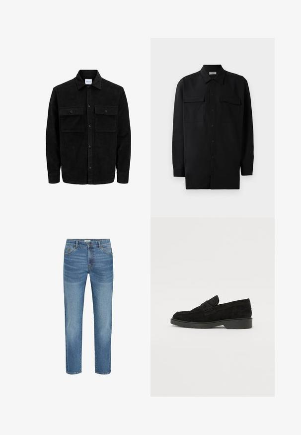 Veste en velours côtelé noire à boutons, avec deux poches à rabat à l'avant et un col classique, des manches longues et une texture côtelée.; Chemise noire à manches longues en tissu lisse, dotée d'un col classique, de deux poches devant et de poignets à boutons.; Jean en denim bleu clair avec un design classique à jambe droite, comportant cinq poches, une fermeture à bouton en métal et un léger décoloration sur le tissu.; Mocassins en cuir suédé noir à talon bas, avec une band simple sur le dessus et des détails texturés le long des côtés.