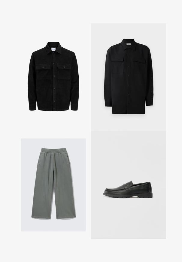 Juodas velveto mygtukų švarkas su dviem priekiniais kišenėmis su atvartais, klasikiniu apykakle, ilgomis rankovėmis ir raukšlėtu paviršiumi.; Juodas marškinis su mygtukais, pagamintas iš lygaus audinio, turi klasikinius apykaklės, du priekiniai kišeniai ir ilgus rankovės su mygtukais.; Šviesiai pilkos plačios kelnės, pagamintos iš minkštos medžiagos, su elastinga juosmeniu ir dviem šoninėmis kišenėmis, turinčiomis matomas siuvimo detales.; Juodai odiniai loaferiai su sklandžiu paviršiumi, mokasino stiliaus viršus, siuvinėjimu ir guminėmis padangomis. Klasikinis dizainas su žemu kulnu.