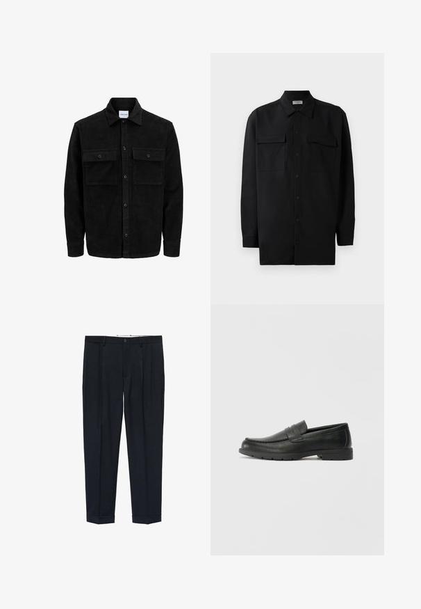 Čierna kordúrová bunda s gombíkmi, dvoma prednými vreckami so záklopkou a klasickým golierom, dlhými rukávmi a ryhovanou textúrou.; Čierna košeľa na gombíky vyrobená z hladkej tkaniny, so klasickým golierom, dvoma prednými vreckami a dlhými rukávmi s gombíkovými manžetami.; Námornícke nohavice vyrobené z látky s hladkým povrchom, s dvojitými prednými prešívaniami, zapínaním na gombík a manžetami na spodnej časti.; Čierne kožené mokasíny s hladkým povrchom, vrchnou časťou v štýle mokasín, prešitým detailom a gumovou podrážkou. Klasický dizajn s nízkym podpätkom.