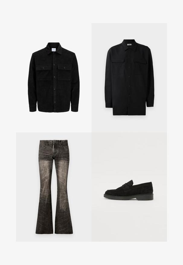 Črna kordurojska jakna z gumbi, z dvema sprednjima žepoma z zavihkom in klasičnim ovratnikom, dolgimi rokavi ter rebrasto teksturo.; Črn srajčni zgornji del iz gladkega materiala, s klasičnim ovratnikom, dvema sprednjima žepoma in dolgimi rokavi z gumbi na manšetah.; Razširjene črne kavbojke z zbledelim finishom, ki imajo gumb in zadrgo, sprednje žepke ter izrazite vertikalne črte na tkanini.; Črne zakončene loafer čevlje z nizko peto, ki imajo preprost pas čez zgornji del in teksturno obdelavo ob straneh.