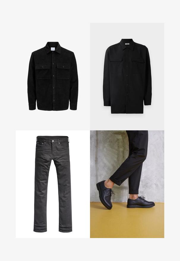 Jachetă din catifea neagră, cu butoni, două buzunare frontale cu clapetă și un guler clasic, mâneci lungi și textură ribbed.; Cămașă neagră cu nasturi, confecționată dintr-un material neted, având un guler clasic, două buzunare frontale și mâneci lungi cu manșete cu nasturi.; Jeans negri din denim cu un design clasic cu picior drept. Prezentând buzunare frontale, un fermoar cu buton și detalii subtile de cusătură.; Pantofi din piele neagră, cu șireturi, cu vârf rotund, suprafață texturată și talpă groasă din cauciuc. Purtați cu pantaloni negri răsuciți, pe un fundal de beton.