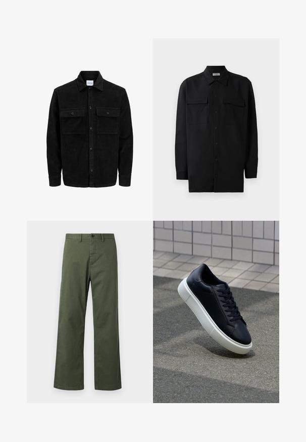 Veste en velours côtelé noire à boutons, avec deux poches à rabat à l'avant et un col classique, des manches longues et une texture côtelée.; Chemise noire à manches longues en tissu lisse, dotée d'un col classique, de deux poches devant et de poignets à boutons.; Pantalons larges verts en tissu mélangé de coton, dotés d'une fermeture à bouton, de passants de ceinture et d'une texture verticale subtile.; Baskets noires en cuir avec bout arrondi et semelle en caoutchouc blanc. Elles présentent des lacets plats et une couture minimale sur la tige. Semelle texturée pour une bonne adhérence.