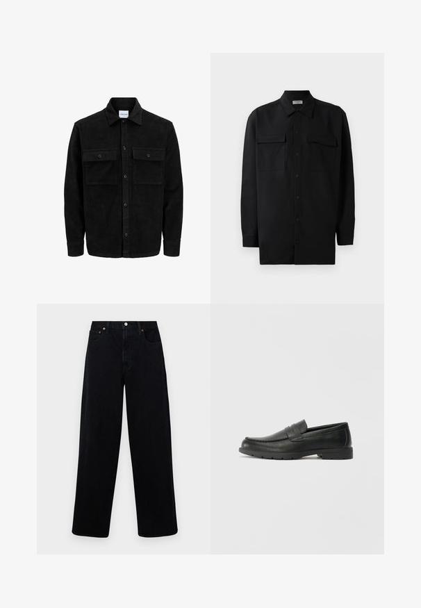 Mustmustöös nupuga jope, millel on kaks eesmist klapiga taskut ja klassikaline kaelus, pikad varrukad ning ribakujuline tekstuur.; Mustmust värvi nööpidega särk, mis on valmistatud sujuvast kangast, klassikalise kraega, kahe eesmise tasku ja pikkade varrukatega, millel on nööpidega mansetid.; Abercrombie & Fitch Baggy fit teksad - black; Musthave nahkkingad siledast nahast, mokassiini stiilis ülevalt, tikanditega ja kummist tallaga. Klassikaline disain madala kontsaga.