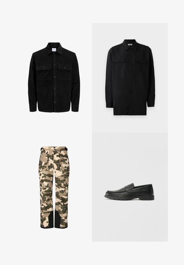 Sort fløjl button-up jakke med to frontlommer og klassisk krave, lange ærmer og ribbet tekstur.; Sort skjorte med knapper lavet af glat stof, med klassisk krave, to frontlommer og lange ærmer med knapmanchetter.; Kamuflage-mønstrede bukser i beige og grøn. Lavet af syntetisk materiale med en løs pasform og flere lommer. Sorte detaljer ved manchetterne.; Sorte læderslippers med en glat finish, mokkasin-stil overdel, syninger og gummisål. Klassisk design med en lav hæl.