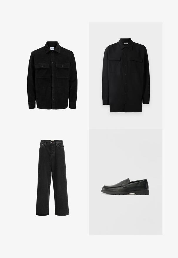Svart kordfløyels knappjakke med to frontlommer med klaff og klassisk krage, lange ermer og ribbet tekstur.; Svart skjorte med knapper laget av glatt stoff, med klassisk krage, to frontlommer og lange ermer med knappe mansjetter.; Svart vide ben jeans laget av denimstoff. Har høy midje, to frontlommer, knappelukking og subtile sømdetaljer.; Svart skinnloafers med glatt finish, mokkasin-stil overdel, broderte detaljer og gummisåle. Klassisk design med lav hæl.