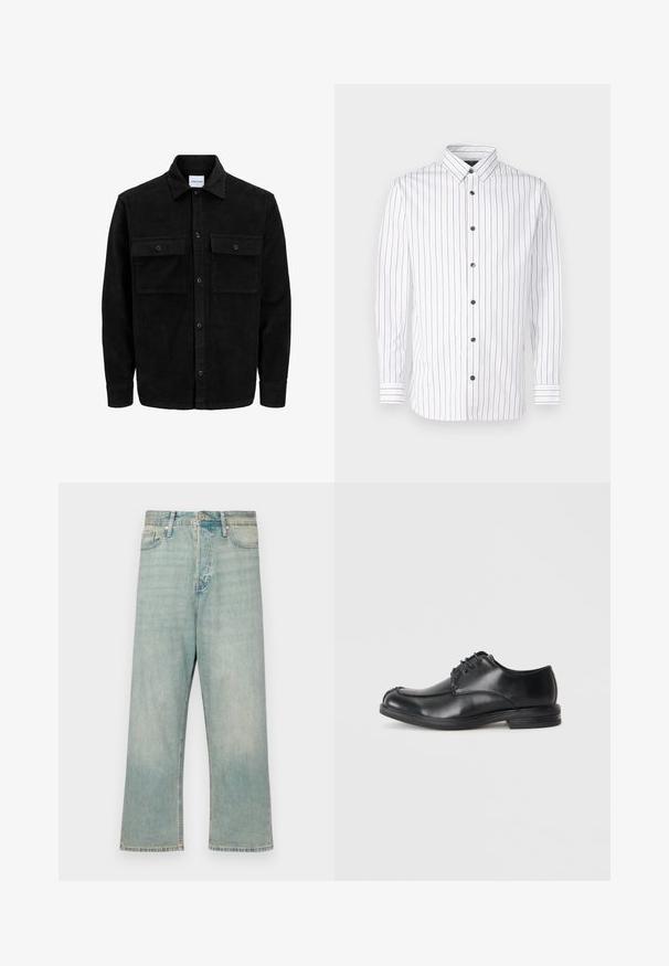 Czarna kurtka z korduru z guzikami, z dwoma przednimi kieszeniami na klapki oraz klasycznym kołnierzem, długimi rękawami i ryżowym splotem.; Biała koszula z długim rękawem, w wąskie pionowe paski w kolorze czerwonym i niebieskim, z zapięciem na guziki, z ostro zakończonym kołnierzykiem i czarnymi guzikami.; Jasnoniebieskie dżinsy o luźnym kroju, proste nogawki i wyblakłe wykończenie; posiadają klasyczne zapięcie na guzik i zamek błyskawiczny.; Czarne skórzane buty na sznurowadła z zaokrąglonym noskiem, gładką fakturą i niskim obcasem. Zawierają detale szycia wzdłuż cholewy i boków.