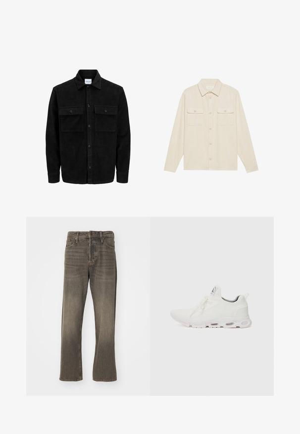 Giacca in corduroy nera con bottoni, due tasche anteriori con patta, colletto classico, maniche lunghe e texture a coste.; Camicia in corda beige con maniche lunghe, colletto a punta e due tasche sul petto. Presenta una chiusura con bottoni sul davanti e un tessuto strutturato.; Jeans di denim marrone con un design a gamba dritta, caratterizzati da una finitura sbiadita, uno stile tradizionale a cinque tasche e chiusura con bottone in metallo.; Scarpe atletiche bianche con tomaia in maglia testurizzata, lacci piatti e una suola ammortizzata con camere d'aria visibili per un supporto aggiuntivo.