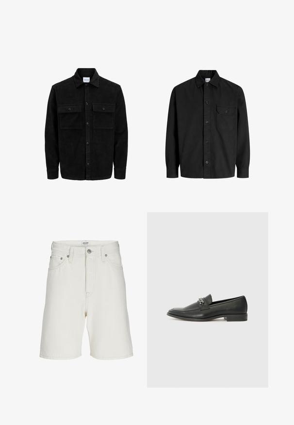 Zwarte corduroy knopenjack met twee voorste klepzakken en een klassieke kraag, lange mouwen en ribbelstructuur.; Zwarte langarmknopenoverhemd met kraag en één borstzak met een geknoopte flap.; Witte denim shorts met een rechte pasvorm, voorzien van een rits, vijf zakken en metalen hardware voor sluiting en accenten.; Zwarte leren instapper met een gladde afwerking, voorzien van een gestikt ontwerp en een decoratieve metalen kettingaccent over de wreef. Platte hak.