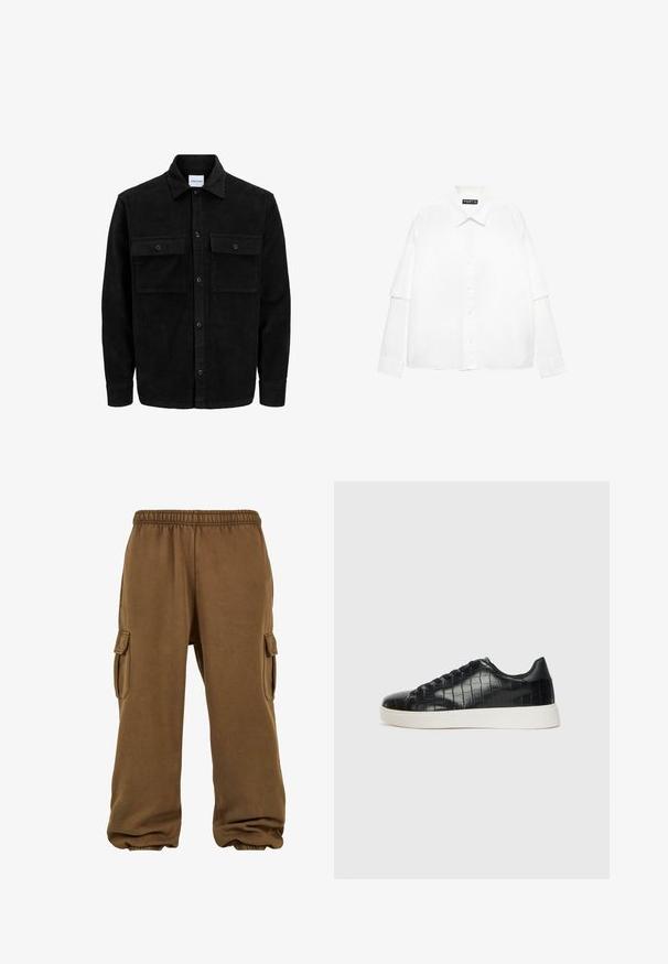 Crni kožni kord jakna na dugmad s dva prednja džepa s preklopom i klasičnim ovratnikom, dugim rukavima i rebrastom teksturom.; Bjela košulja dugih rukava od pamuka s dugmadi sprijeda, koja ima klasičnu kragnu i prevelike rukave u opuštenom kroju.; Smeđe trenirka napravljena od mekog materijala sa slobodnim krojem, koja ima elastičnu struk, sužene rubove i bočne cargo džepove.; Crne tenisice s teksturiranom gornjom površinom od kože s uzorkom krokodila, zaobljenim vrhom i kontrastnom bijelom gumenom potplatom s glatkom završnom obradom.