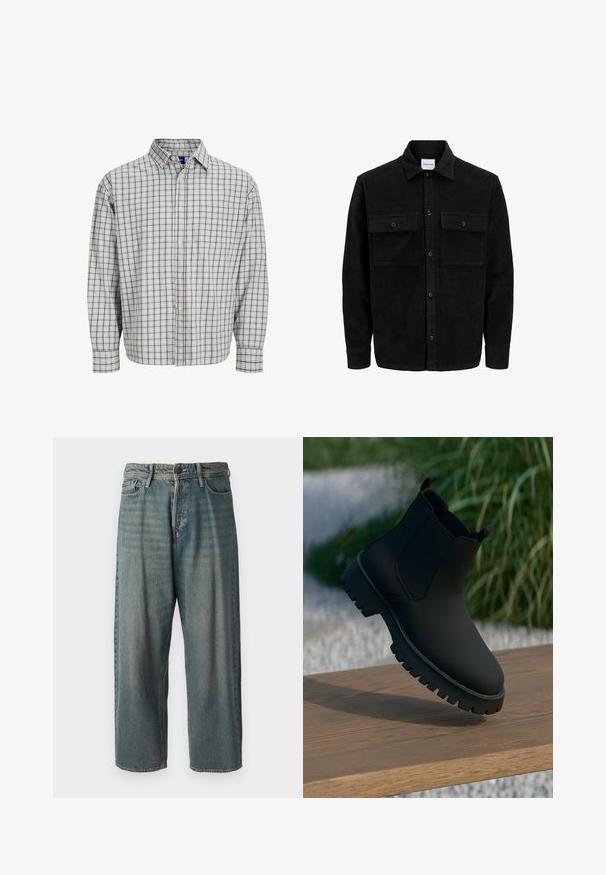 Schwarze Corduroy-Button-Up-Jacke mit zwei frontalem Klappentaschen und klassischem Kragen, langen Ärmeln und gerippter Textur.; Langärmliges Hemd mit Knopfleiste in einem hellblauen und braunen karierten Muster, mit einer Brusttasche und abgerundetem Kragen. Material aus Baumwollmischung.; Helle blaue Denim-Jeans mit lockerer Passform, mittelhoher Taille und geraden Beinen. Hat fünf Taschen, Gürtelschlaufen und einen Knopfverschluss.; Schwarze Knöchelstiefel mit glattem Finish, elastischen Seitenpanelen und einer dicken, robusten Sohle. Vor einem natürlichen Hintergrund auf einer Holzoberfläche platziert.