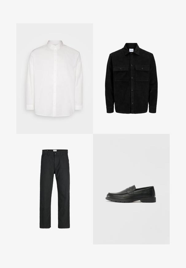 Giacca in corduroy nera con bottoni, due tasche anteriori con patta, colletto classico, maniche lunghe e texture a coste.; Pier One Camicia - white; Pantaloni neri realizzati in tessuto resistente, caratterizzati da un design a gamba dritta, dettagli cuciti e due tasche frontali per la funzionalità.; Mocassini neri in pelle con una finitura liscia, parte superiore in stile mocassino, dettagli cuciti e suola in gomma. Design classico con tacco basso.