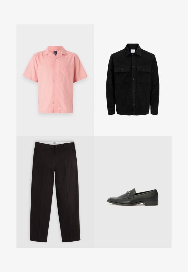 Zwarte corduroy knopenjack met twee voorste klepzakken en een klassieke kraag, lange mouwen en ribbelstructuur.; Korte mouwen, roze shirt van lichtgewicht stof met een knoopsluiting aan de voorkant, kraag en een enkele borstzak. Eenvoudig ontwerp en textuur.; Zwarte rechte chino's met riemlussen, knoopsluiting en zijzakken, weergegeven op een lichtgrijze achtergrond.; Zwarte leren instapper met een gladde afwerking, voorzien van een gestikt ontwerp en een decoratieve metalen kettingaccent over de wreef. Platte hak.