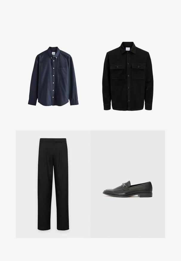 Čierna kordúrová bunda s gombíkmi, dvoma prednými vreckami so záklopkou a klasickým golierom, dlhými rukávmi a ryhovanou textúrou.; Námornícky modrá košeľa na gombíky vyrobená z bavlny, s výstrihom v tvare šípky, dlhými rukávmi, náprsníkem a bielymi gombíkmi.; Čierne nohavice vyrobené z hladkej tkaniny, s rovnými nohavicami, dvoma prednými skladmi a štandardným pásom s pútkami na opasok.; Čierne kožené loafers s hladkým povrchom, s prešitým dizajnom a dekoratívnym kovovým reťazovým akcentom cez priehlavok. Plochý podpätok.