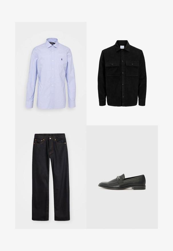 Svart kordfløyels knappjakke med to frontlommer med klaff og klassisk krage, lange ermer og ribbet tekstur.; Lyseblå, langermet skjorte med knappesten i et mykt stoff. Har en klassisk krage, frontplade og et lite brodert logo på brystet.; Men's straight-leg svarte denim jeans med fem lommer og oransje søm, knapp og glidelås lukking foran på midjen.; Sorte skinnloafers med en glatt finish, og med en sydd design og en dekorativ metallkjedeakcent over foten. Flat hæl.