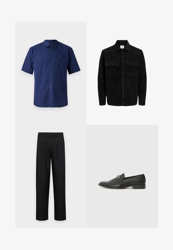 Melnas kordūru pogu jaka ar divām priekšējām atloka kabatām un klasisku apkakli, garām piedurknēm un ribotu tekstūru.; Īsām piedurknēm, tumši zilas krāsas krekls, kas izgatavots no kokvilnas; tam ir pogājama priekšpuse, standarta apkakle un gluda tekstūra bez rakstiem.; Melnas bikses, izgatavotas no gludas auduma, ar taisnu kāju dizainu, divām priekšējām krokām un standarta jostu, kurai ir āķi.; Melna ādas loafer izmēra apavi ar gludu virsmu, piedāvā ar šūtu dizainu un dekoratīvu metāla ķēdes akcentu pār vampu. Plakana papēža daļa.