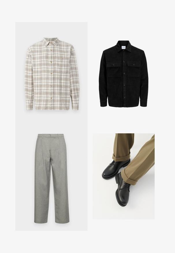 Mustmustöös nupuga jope, millel on kaks eesmist klapiga taskut ja klassikaline kaelus, pikad varrukad ning ribakujuline tekstuur.; Beige ja valge ruuduline särk helesiniste aktsentidega. Pika varrukaga, nupuga esiosa ja üks rindetasku. Puuvillane materjal.; Hallitatud hallid püksid, mis on valmistatud tekstuuriga kangast, sirge jala disainiga, ees pleekidega ning tavalise vöökohtadega, kus on vöökohad.; Mustad mustad naha kingad, millel on sile viimistlus, sidemed ja ümar nina, on kombineeritud üleskeeratud khaki pükstega.