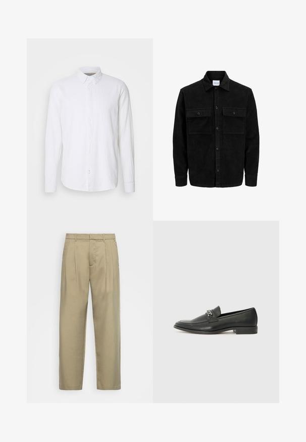 Melnas kordūru pogu jaka ar divām priekšējām atloka kabatām un klasisku apkakli, garām piedurknēm un ribotu tekstūru.; Balta, garenā piedurkņu pogājama krekla izgatavota no lina. Tam ir klasiskā apkakle, priekšējā atlokā ar pogām un taisna apakšmalas griezuma.; Bēša, augstās jostas bikses ar taisnu piegriezumu, ar plakanu priekšpusi, sānu kabatām un gludu, teksturētu audumu.; Melna ādas loafer izmēra apavi ar gludu virsmu, piedāvā ar šūtu dizainu un dekoratīvu metāla ķēdes akcentu pār vampu. Plakana papēža daļa.