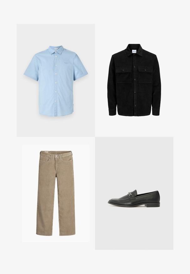 Zwarte corduroy knopenjack met twee voorste klepzakken en een klassieke kraag, lange mouwen en ribbelstructuur.; Kortearm shirt in lichtblauw met witte stippen, knoopsluiting aan de voorkant, klassieke kraag en subtiele logodetails op de borst.; Lichtbruine corduroy broek in een wijd model, met een knoop- en ritssluiting, vijf zakken en een zachte, ribbeltextuur.; Zwarte leren instapper met een gladde afwerking, voorzien van een gestikt ontwerp en een decoratieve metalen kettingaccent over de wreef. Platte hak.