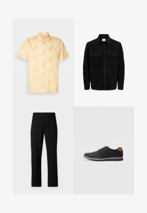 Svart kordfløyels knappjakke med to frontlommer med klaff og klassisk krage, lange ermer og ribbet tekstur.; Lysærmet skjorte med knapper i lys gul med et gjentagende fuglemønster, enkelt brystlomme og brune knapper. Glatt bomullsmateriale.; Svart, elastisk midjebukser med rett ben-design, med en glatt tekstur og uten synlige mønstre eller maskinvare.; Sorte syntetiske sko med en teksturert overdel, glatte detaljer, brun hæl og en kontrastfarge på sålen. Har minimalt snøring og sømdetaljer.
