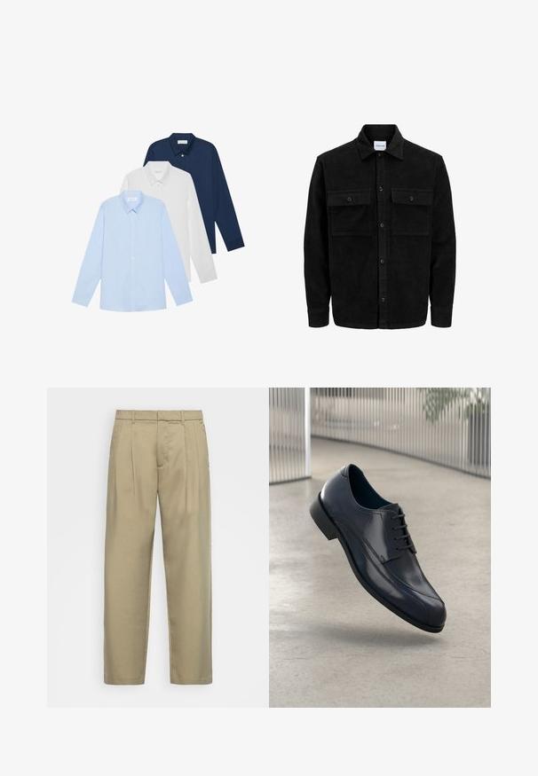 Zwarte corduroy knopenjack met twee voorste klepzakken en een klassieke kraag, lange mouwen en ribbelstructuur.; Drie overhemden met lange mouwen: lichtblauw, wit en marineblauw. Allemaal hebben ze een klassieke kraag en een knoopsluiting aan de voorkant, gemaakt van een gladde stof.; Beige, hoge taille broek met een rechte snit, voorzien van een platte voorkant, zijzakken en een gladde, gestructureerde stof.; Glanzende zwarte leren schoenen met veters, zwevend boven een glad, lichtgrijze vloer en verticale metalen stangen op de achtergrond.