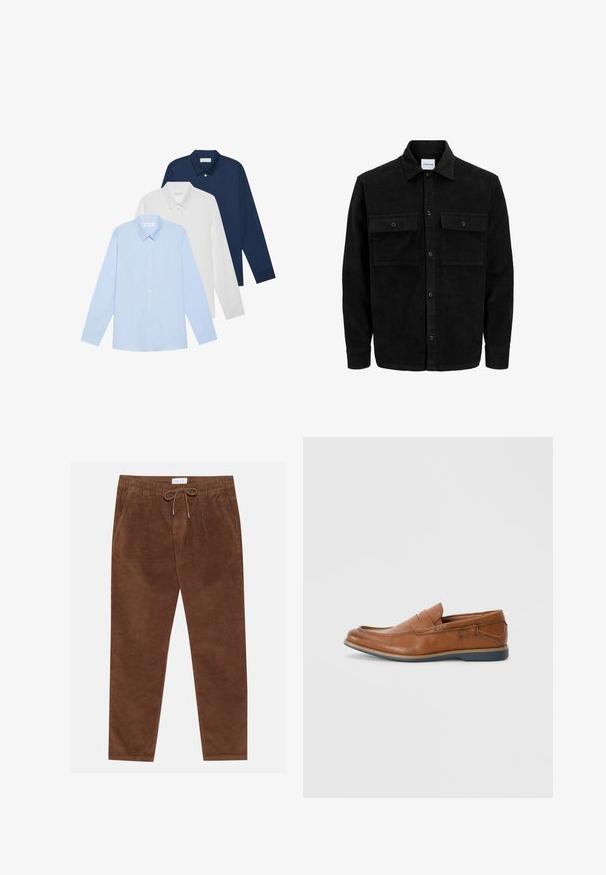 Black corduroy button-up jacket with two front flap pockets and a classic collar, long sleeves, and ribbed texture.; Three long-sleeve shirts: light blue, white, and navy. All have a classic collar and button-down front, made of smooth fabric.; Pier One Trousers - brown; Brown leather loafers with a round toe, stitched accents, and a low rubber sole. The design features a band across the upper.