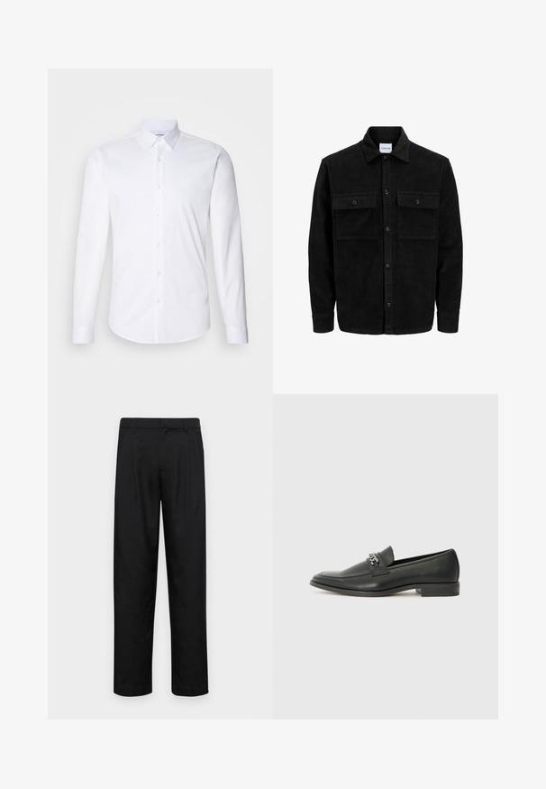 Svart kordfløyels knappjakke med to frontlommer med klaff og klassisk krage, lange ermer og ribbet tekstur.; Hvit lang erm skjorte med knapper laget av glatt bomullsstoff, med klassisk krage, knappelukking og buet nederkant.; Sorte bukser laget av glatt stoff, med rette ben, to frontfoldninger og standard liv med beltehemper.; Sorte skinnloafers med en glatt finish, og med en sydd design og en dekorativ metallkjedeakcent over foten. Flat hæl.