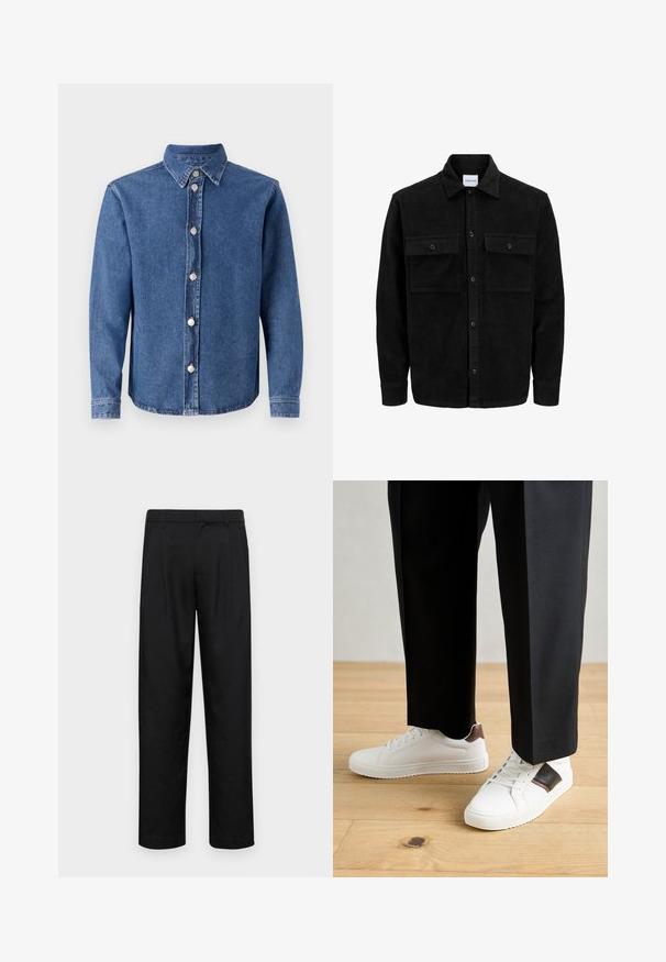 Giacca in corduroy nera con bottoni, due tasche anteriori con patta, colletto classico, maniche lunghe e texture a coste.; Camicia di denim blu medio con colletto aperto, maniche lunghe e chiusura con bottoni argento sul davanti. Caratterizzata da una consistenza liscia.; Pantaloni neri realizzati in tessuto liscio, caratterizzati da un taglio dritto, due pieghe frontali e una vita standard con passanti per la cintura.; Sneakers bianchi dalla texture liscia, con dettagli in pelle marrone e particolari neri, abbinati a pantaloni neri su misura. Sfondo in parquet.