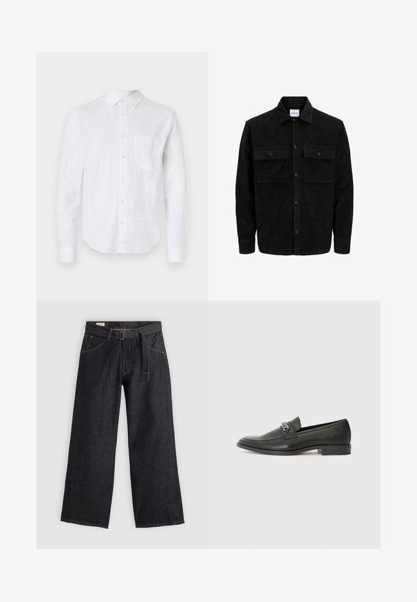 Giacca in corduroy nera con bottoni, due tasche anteriori con patta, colletto classico, maniche lunghe e texture a coste.; Camicia bianca in lino a maniche lunghe con colletto button-down, taschino frontale e bottoni perlati. Presenta un orlo curvo e un tessuto texture.; Pantaloni a gamba larga in denim scuro con vita regolabile, dotati di tasche frontali e cuciture a contrasto. Texture liscia con un design pulito.; Mocassino in pelle nera con finitura liscia, caratterizzato da un design cucito e da un accento decorativo in catena metallica sul vamp. Tacco piatto.