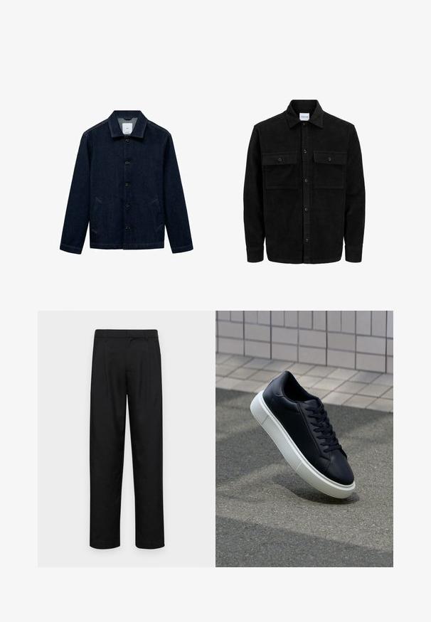 Sort fløjl button-up jakke med to frontlommer og klassisk krave, lange ærmer og ribbet tekstur.; Mørkeblå denimjakke med krave, knaplukning foran, to sidelommer og lige kant. Tekstureret stof med et klassisk casual design.; Sorte bukser lavet af glat stof, med et lige ben-design, to frontfolder og en standard talje med bæltestropper.; Sort lædersneaker med rund tå og hvid gummisål. Har flade snørebånd og minimal syning på overdelen. Tekstureret sål for bedre greb.