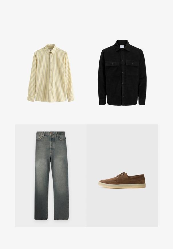 Juodas velveto mygtukų švarkas su dviem priekiniais kišenėmis su atvartais, klasikiniu apykakle, ilgomis rankovėmis ir raukšlėtu paviršiumi.; Šviesiai geltonas marškinėlių tipo švarkas su vertikaliomis baltomis ir tamsiai geltonomis juostelėmis, ilgomis rankovėmis ir klasikinio stiliaus apykakle. Lygus audinio paviršius.; Jack & Jones JJIALEX JJCOOPER - Platūs džinsai - black denim; Rudos zomšos batai su žemu profiliu, raišteliais, guminiais padu ir kontrastingomis siūlėmis. Paprastas ir funkcionalus stilius.