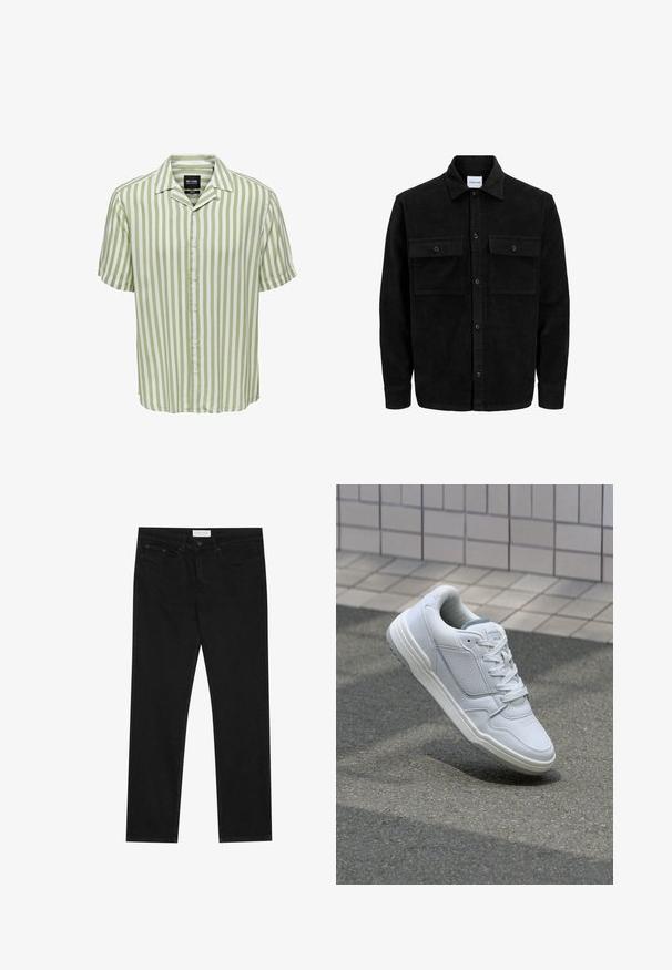 Svart kordfløyels knappjakke med to frontlommer med klaff og klassisk krage, lange ermer og ribbet tekstur.; Stripet skjorte med korte ermer i lys grønn og hvit. Har klassisk krage og knappelukking med en avslappet passform. Glatt stofftekstur.; Svarte jeans med rette ben, fem lommer, knapp og glidelås-lukking, og et Pier One-merkelapp på midjen.; Hvite lær sneakers med perforerte sider, teksturerte detaljer, flate lisser og en kontrasterende grå hæl. Har en lite hevet såle.