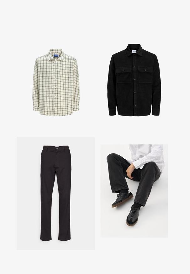 Črna kordurojska jakna z gumbi, z dvema sprednjima žepoma z zavihkom in klasičnim ovratnikom, dolgimi rokavi ter rebrasto teksturo.; Srajca s kratkimi gumbi v kremni barvi z črno mrežastim vzorcem. Narejena iz lahkega blaga, ima ovratnik in dolge rokave.; Črne bombažne hlače s ravnim krojem, z zapiranjem na gumb spredaj in stranskimi žepi. Gladka tekstura in minimalno podrobnosti.; Črne superge z gladkim in strukturiranim zgornjim delom, ki vključuje gumijast podplat in temne vezalke. Uvrščene so z štručasto črnimi kavbojkami in belo črtasto majico.