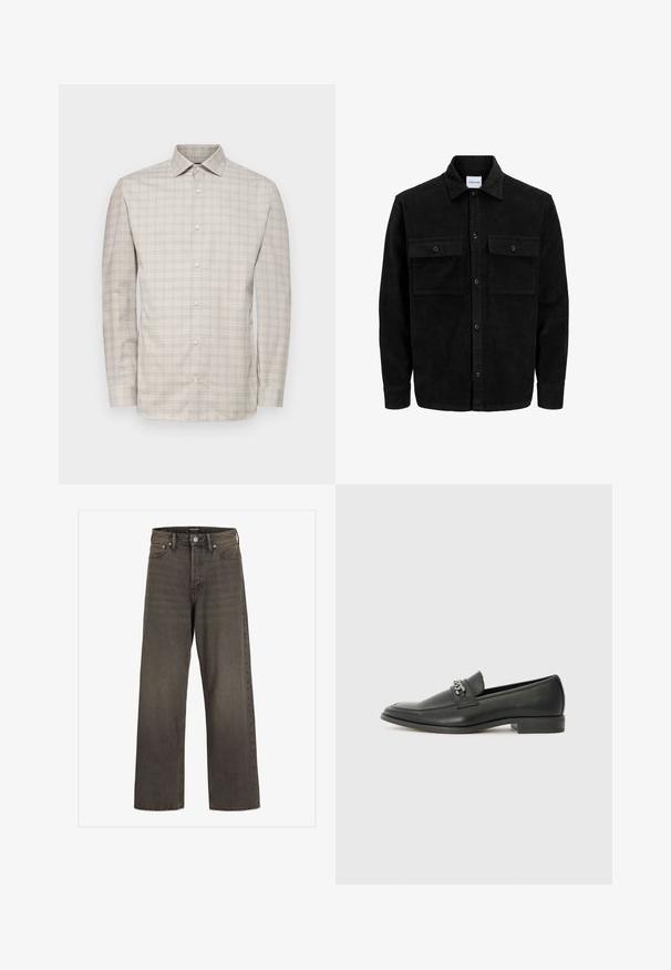 Mustmustöös nupuga jope, millel on kaks eesmist klapiga taskut ja klassikaline kaelus, pikad varrukad ning ribakujuline tekstuur.; Kerge beez pikkade varrukatega nööbiga särk, millel on peen lõngakiri. Omab kraed ja nööpide esiosa, valmistatud kergest kangast.; Laia säärtega sinimustad teksad tumeda halli denimi, kõrge talje, klassikalise viie tasku disaini ning kontrastsete õmblustega õmblustel.; Must haveate nahkking punased, millel on sile viimistlus, tikitud muster ja dekoratiivne metallkett vampi üle. Tasane konts.