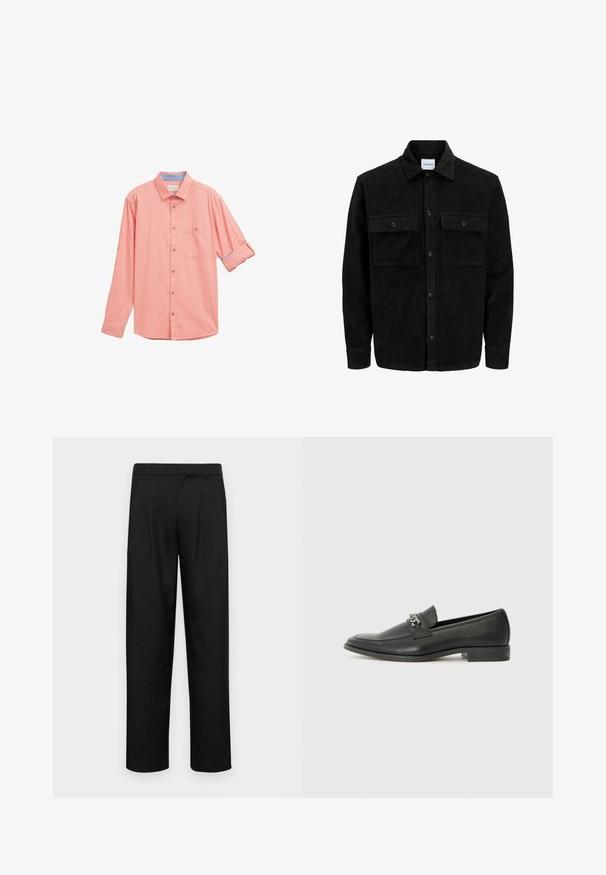 Zwarte corduroy knopenjack met twee voorste klepzakken en een klassieke kraag, lange mouwen en ribbelstructuur.; Lange mouw blouse in licht koraal met een textuurstof, een borstzak en opgerolde mouwdetails die een blauwe binnenkant tonen.; Zwarte broeken van gladde stof, met een recht model, twee voorknikken en een standaard tailleband met riemlussen.; Zwarte leren instapper met een gladde afwerking, voorzien van een gestikt ontwerp en een decoratieve metalen kettingaccent over de wreef. Platte hak.