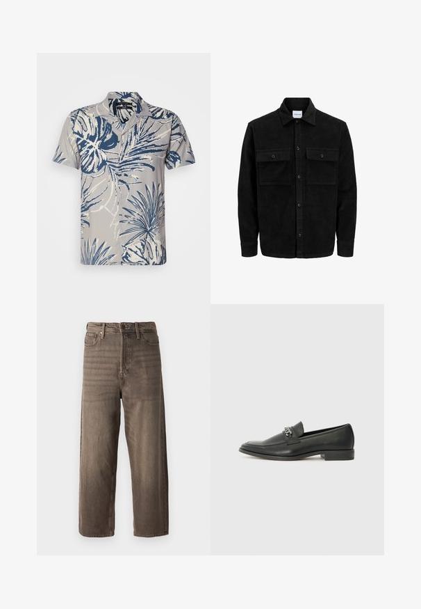 Mustmustöös nupuga jope, millel on kaks eesmist klapiga taskut ja klassikaline kaelus, pikad varrukad ning ribakujuline tekstuur.; Lühikeste varrukatega nööbiga särk helesinises kangas, millel on sinine ja valge troopiline lehemuster, klassikalise krae ja seitsme nööbiga.; Prunad laiad teksapüksid, mis on valmistatud denimist. Omab lukuga kannet, vöölukke ja viit taskut. Kangas näitab tuhmuvat, tekstuurset välimust.; Must haveate nahkking punased, millel on sile viimistlus, tikitud muster ja dekoratiivne metallkett vampi üle. Tasane konts.