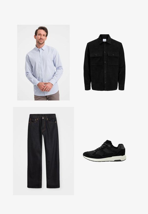 Czarna kurtka z korduru z guzikami, z dwoma przednimi kieszeniami na klapki oraz klasycznym kołnierzem, długimi rękawami i ryżowym splotem.; Niebieska i biała koszula w paski zapinana na guziki, wykonana z bawełny. Posiada wyrazisty kołnierzyk oraz długie rękawy z guzikami przy mankietach. Gładka faktura.; Męskie jeansy w prostym kroju, czarne, z pięcioma kieszeniami oraz pomarańczowymi strefami, z zapięciem na guzik i zamek z przodu w pasie.; Czarny but sportowy wykonany z zamszu i siateczki, z okrągłym noskiem, sznurowanym zapięciem i białą gumową podeszwą z teksturowymi akcentami.