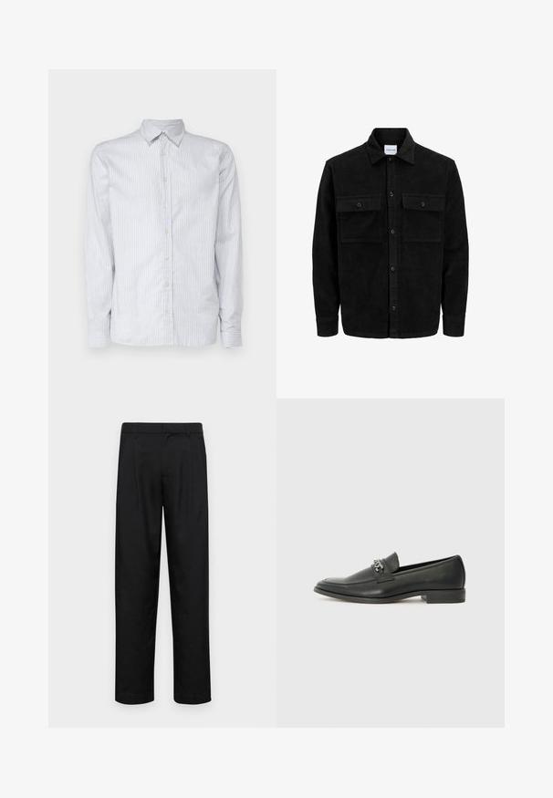 Chaqueta de pana negra con botones, dos bolsillos delanteros con solapa y un cuello clásico, mangas largas y textura acanalada.; Camisa de manga larga a rayas azul claro en tela de algodón. Presenta un cuello clásico, cierre de botones en la parte delantera y puños estrechos con rayas a juego.; Pantalones negros de tela suave, con un diseño de pierna recta, dos pliegues frontales y una cintura estándar con trabillas para el cinturón.; Mocasín de cuero negro con un acabado suave, que cuenta con un diseño de costura y un acento decorativo de cadena de metal en el empeine. Tacón plano.
