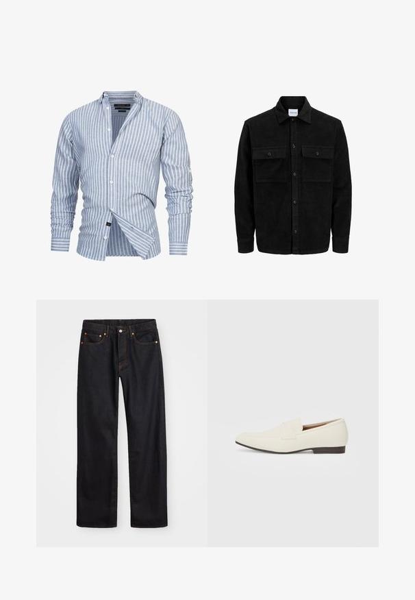 Schwarze Corduroy-Button-Up-Jacke mit zwei frontalem Klappentaschen und klassischem Kragen, langen Ärmeln und gerippter Textur.; Helles blau gestreiftes Hemd aus Stoff mit vertikalen weißen Streifen. Verfügt über einen Kentkragen und lange Ärmel mit Knopfmanschetten.; Herren gerade geschnittene schwarze Jeans aus Denim mit fünf Taschen und orangefarbenen Nähten, Knopf- und Reißverschluss vorne am Bund.; Hellbeige Slipper mit spitzem Zehenbereich, glattem Material, einem Riemen über dem Vorderfuß und einer niedrigen braunen Sohle. Einfaches Design mit minimalen Akzenten.