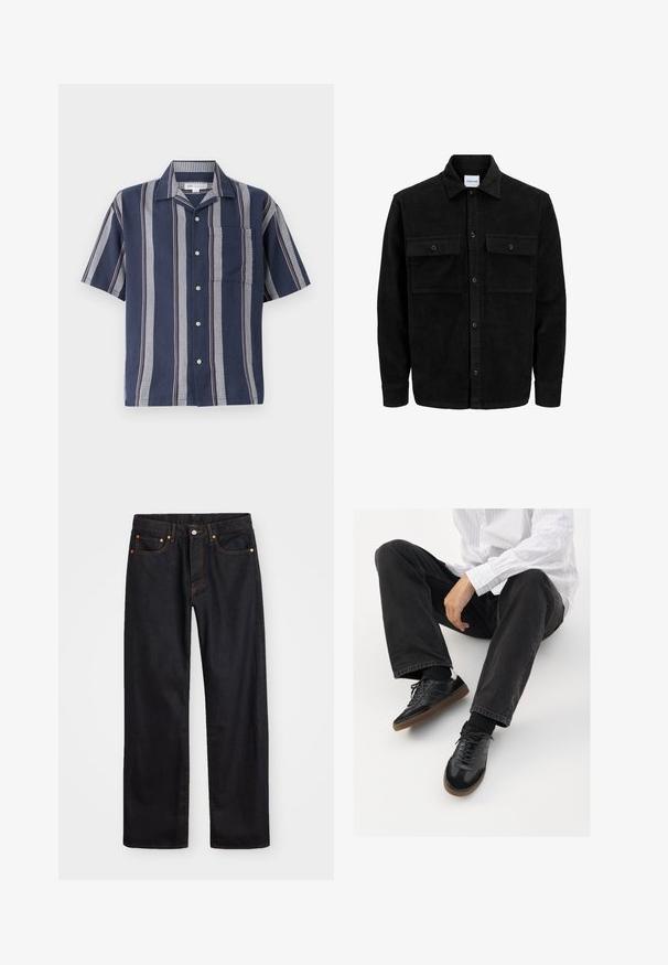 Giacca in corduroy nera con bottoni, due tasche anteriori con patta, colletto classico, maniche lunghe e texture a coste.; Camicia a maniche corte con bottoni in navy con strisce verticali. Presenta una tasca e motivi testurizzati a contrasto in grigio e rosso.; Jeans neri in denim dritto da uomo con cinque tasche e cuciture arancioni, chiusura con bottone e zip sulla vita anteriore.; Sneaker nere con una tomaia liscia e testurizzata, con suola in gomma e lacci scuri. Abbinati a jeans neri e una camicia bianca a righe.