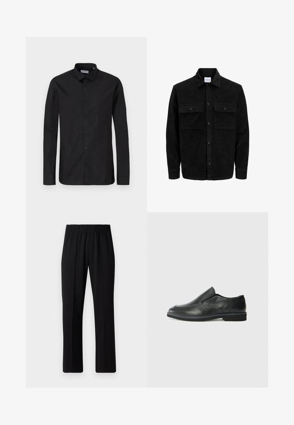 Black corduroy button-up jacket with two front flap pockets and a classic collar, long sleeves, and ribbed texture.; Black long-sleeve button-up shirt with a classic collar, made of smooth fabric, featuring front buttons and a regular fit design.; Black, elastic-waist trousers with a straight-leg design, featuring a smooth texture and no visible patterns or hardware.; Black leather slip-on shoe with a smooth upper, stitched accents, rounded toe, and a low rubber heel. Sole features minimal tread.