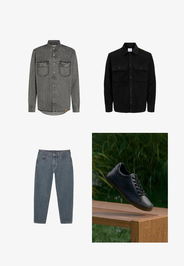 Černá kordurová košile s knoflíky, dvěma předními klopovými kapsami a klasickým límcem, dlouhými rukávy a vroubkovanou texturou.; Šedá denimová košile s dlouhými rukávy, zapínáním na knoflíky, dvěma náprsními kapsami a kontrastním švem. Kulatý lem a štítek na boku.; Tmavomodré džíny s volným střihem, designem pěti kapes, zapínáním na knoflík a mírně obroubenými okraji. Odolný materiál s jemnou texturou.; Černé kožené tenisky s hladkým povrchem, kulatou špičkou a plochými tkaničkami, umístěné nad dřevěným povrchem s pozadím zelené trávy.